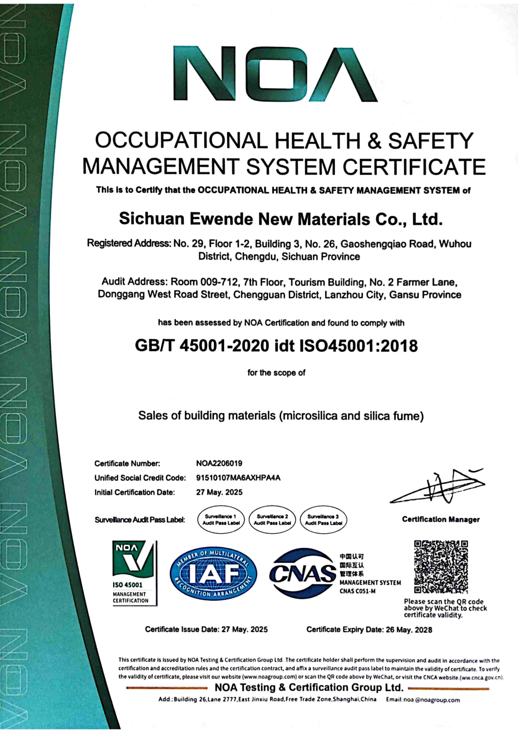 ISO 45001 occupational health and safety management system certificate, English version