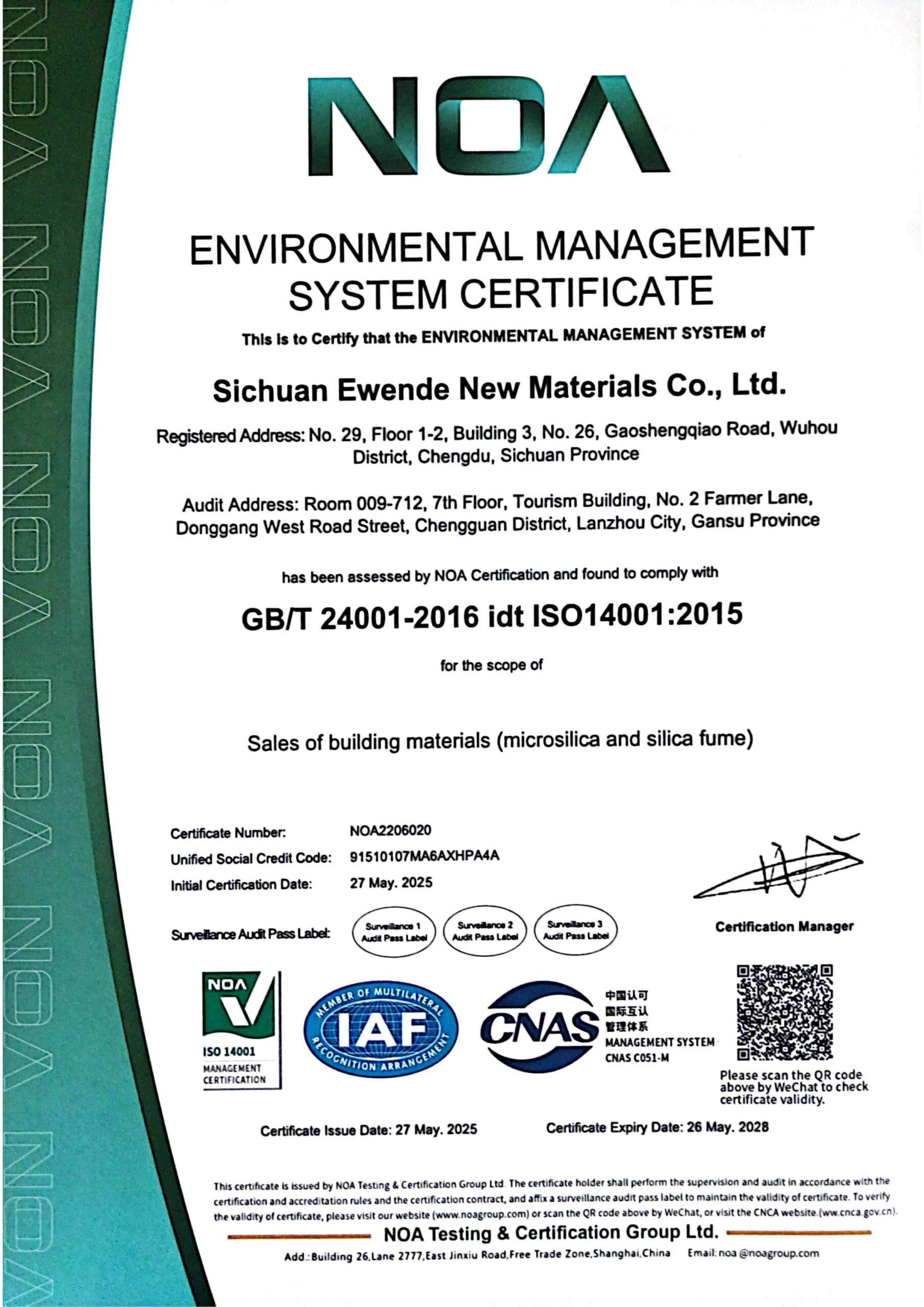 ISO 14001 environmental management system certificate, English version